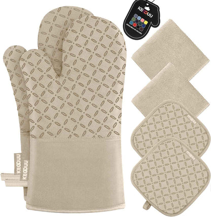 KEGOUU Oven Mitts and Pot Holders 6pcs Set, Kitchen Oven Glove High Heat Resistant 500 Degree Extra Long Oven Mitts and Potholder with Non-Slip Silicone Surface for Cooking (Grey)