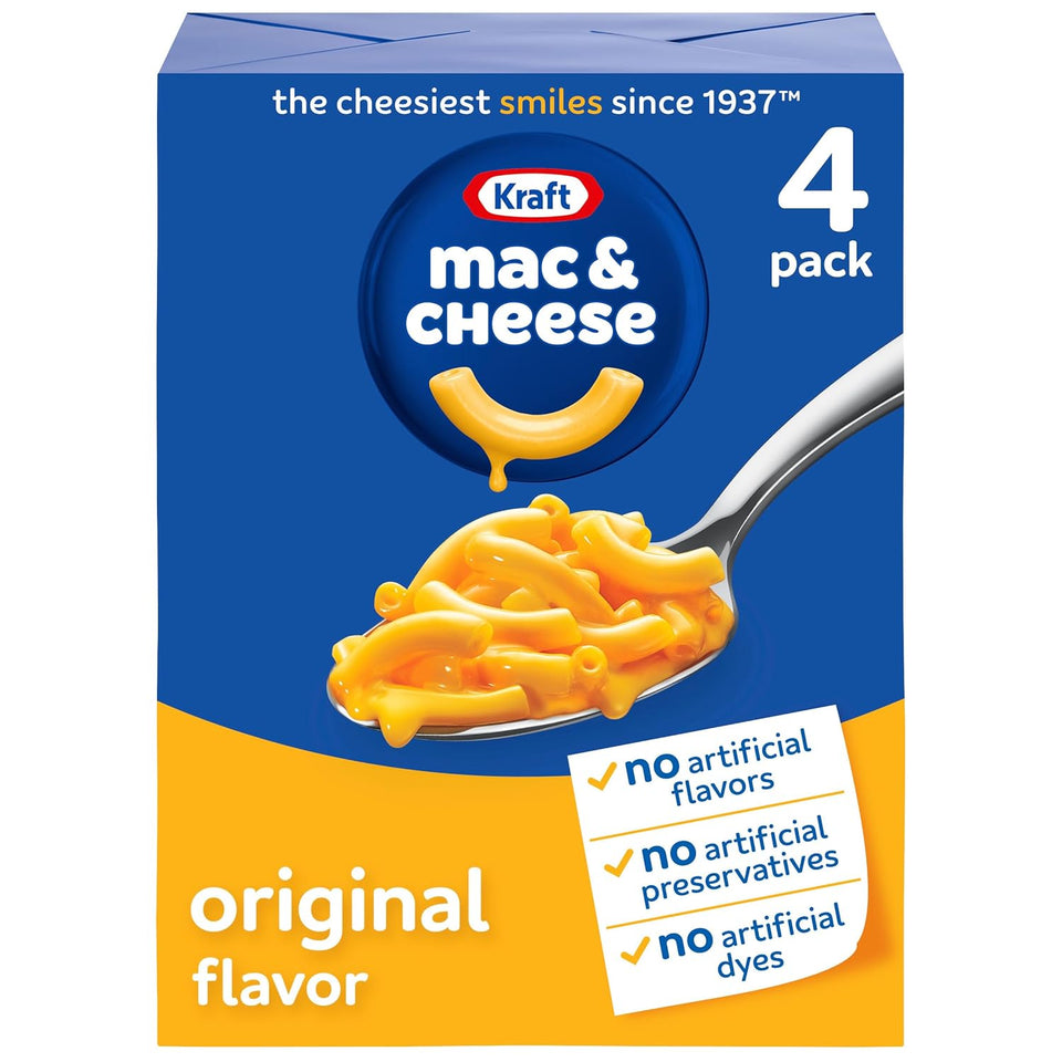 kraft macaroni and cheese, 4 boxes, original flavor, no artificial flavors, 7.25 oz
