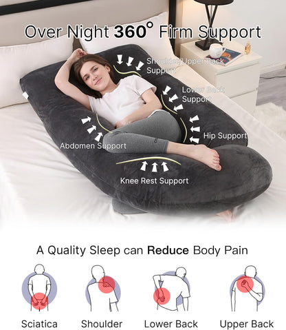 ALLOPERA Pregnancy Pillow, Full Body 57 Inch Maternity Pillow with Removable Washable Cover - Sleep Support for Legs, Back, Neck, Shoulder, HIPS, Belly for Pregnent Women, Black Grey Velvet Cover