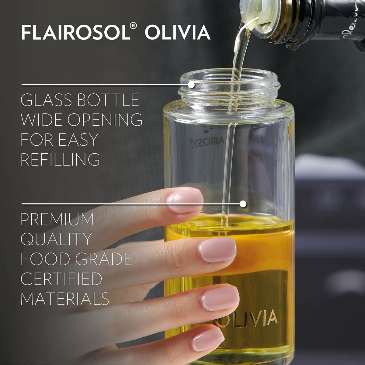 FLAIROSOL OLIVIA. The Original Advanced Oil Sprayer for Cooking, Salads, BBQs and More, Continuous Spray with Portion Control, Trusted by Chefs. Patented Technology. (Glass Bottle) (Gold Print)