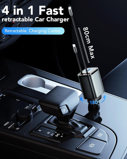 Retractable Car Charger Adapter for iPhone 17,4 in 1 Fast Charging Car Phone Charger,69W USB C Car Truck Accessories,Road Trip Essentials Gift for Men Women for iPhone 17 Pro Max/16/15/14/13/12,Galaxy
