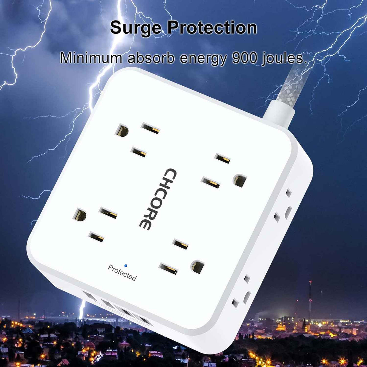 Surge Protector Power Strip - CHCORE 5Ft Braided Extension Cord with 8 Outlets with 4 USB (2 USB C) Charging Ports, Flat Plug Multi Plug Outlet Extender Charging Station for Home Office, ETL, White