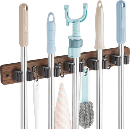 Mop and Broom Holder Wall Mount - Rustic Wood Broom Mop Hanger - Wall Mounted Garden Tool Rack Organizer for Closet Garage Laundry Room Kitchen Decor With 4 Slots & 4 Hooks - Rayz Mart