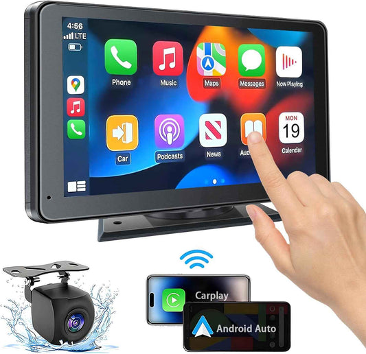Portable Wireless with Apple CarPlay and Android Auto Screen for Car, 7" HD Touch Screen Car Stereo with Mirror Link, Bluetooth 5.2, Backup Camera, AUX,FM Transmitter for All Vehicle