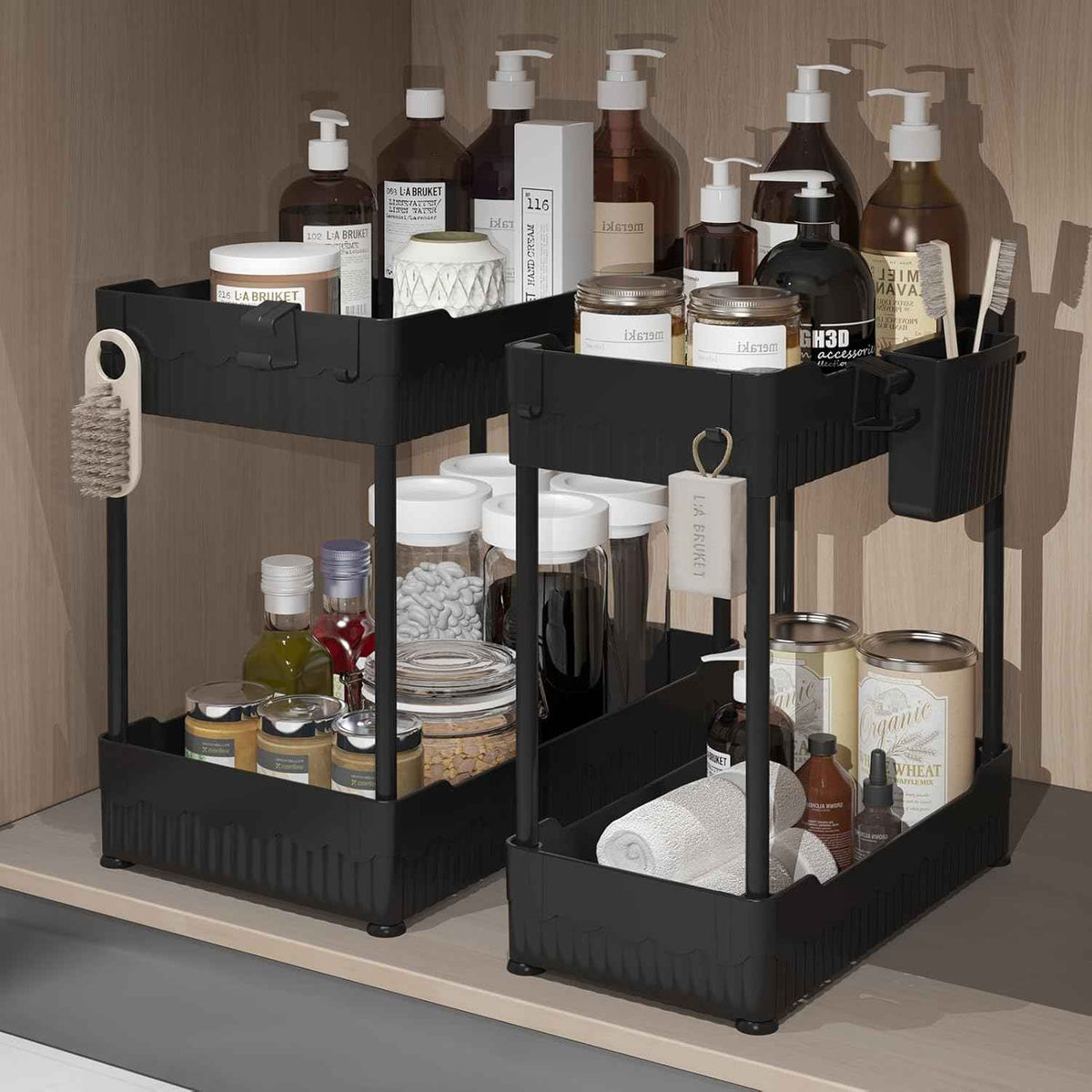 2 Pack Under Sink Organizer, Under Bathroom Cabinet Organizer with Hooks Hanging Cup, Multi-Purpose Storage Shelf for Kitchen Bathroom, Black