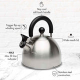 Primula Stewart Whistling Stovetop Tea Kettle Food Grade Stainless Steel, Hot Water Fast to Boil, Cool Touch Folding, 1.5-Quart, Brushed with Black Handle