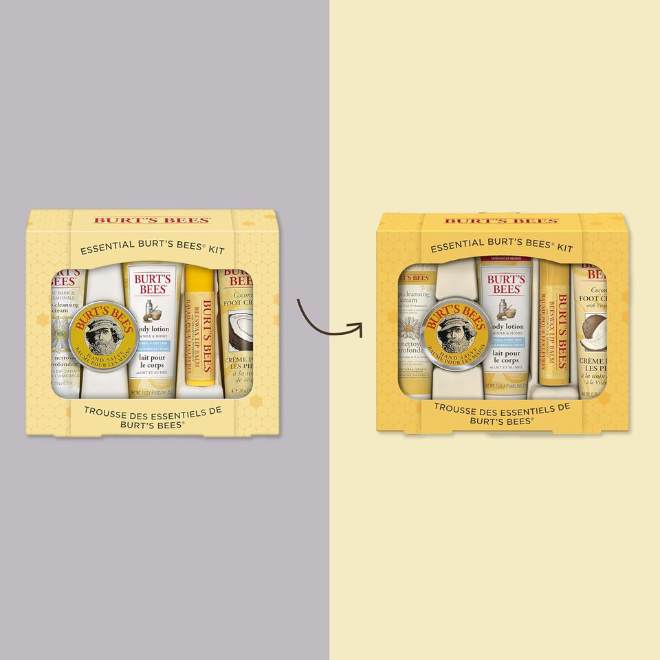 Burt's Bees essentials set with deep cleansing cream, hand salve, body lotion, foot cream, and lip balm - travel size
