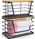 ALOCEO 2 Pack Storage Stackable Kitchen Laundry Organizers with Bamboo Top, Large Trash Bag Holder and Small Garbage Bag Dispenser for Countertop Organization