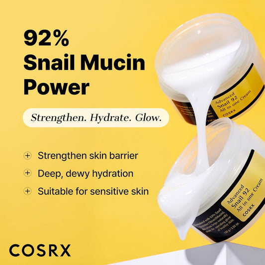 COSRX Snail Mucin 92% Face Moisturizer, 3.52 Oz, Lightweight Moisturing Cream for Soft, Glowy Skin, Korean Skin Care, Korean Moisturizer Face Cream
