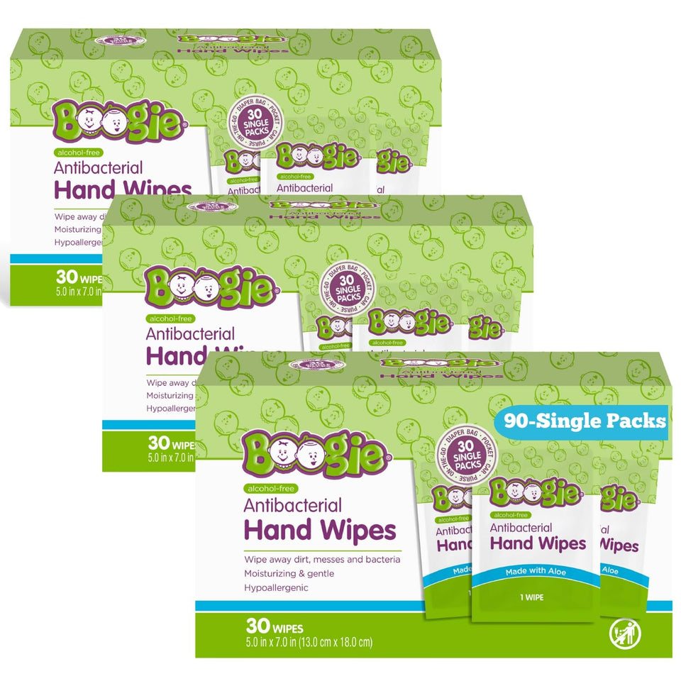 Boogie Antibacterial Hand Wipes, 100 Total Wipes, 5 Packs of 20, Alcohol Free, Hypoallergenic, Moisturizing Aloe for Kids and Adults