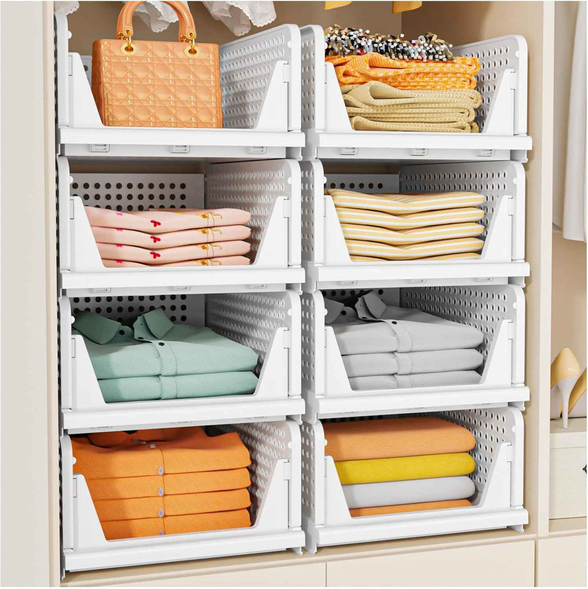 SNSLXH 5 Pack Stackable Closet Storage Basket, Multifunctional & Foldable Closet Organizer for Bathroom Kitchen Laundry Room Wardrobe Storage, Space-Saving Clothes Storage Drawer Organizer, White