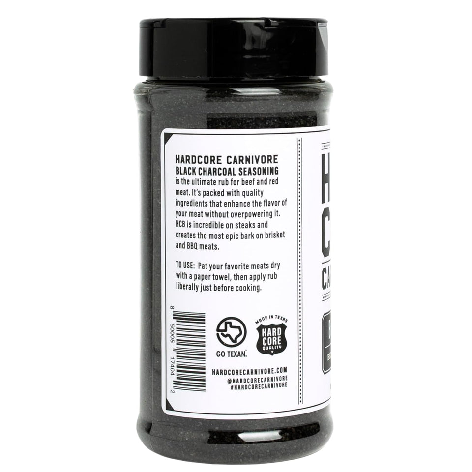 Hardcore Carnivore Black activated charcoal meat seasoning rub 13 oz Texas-made blend for steak brisket burgers BBQ grilling and smoking