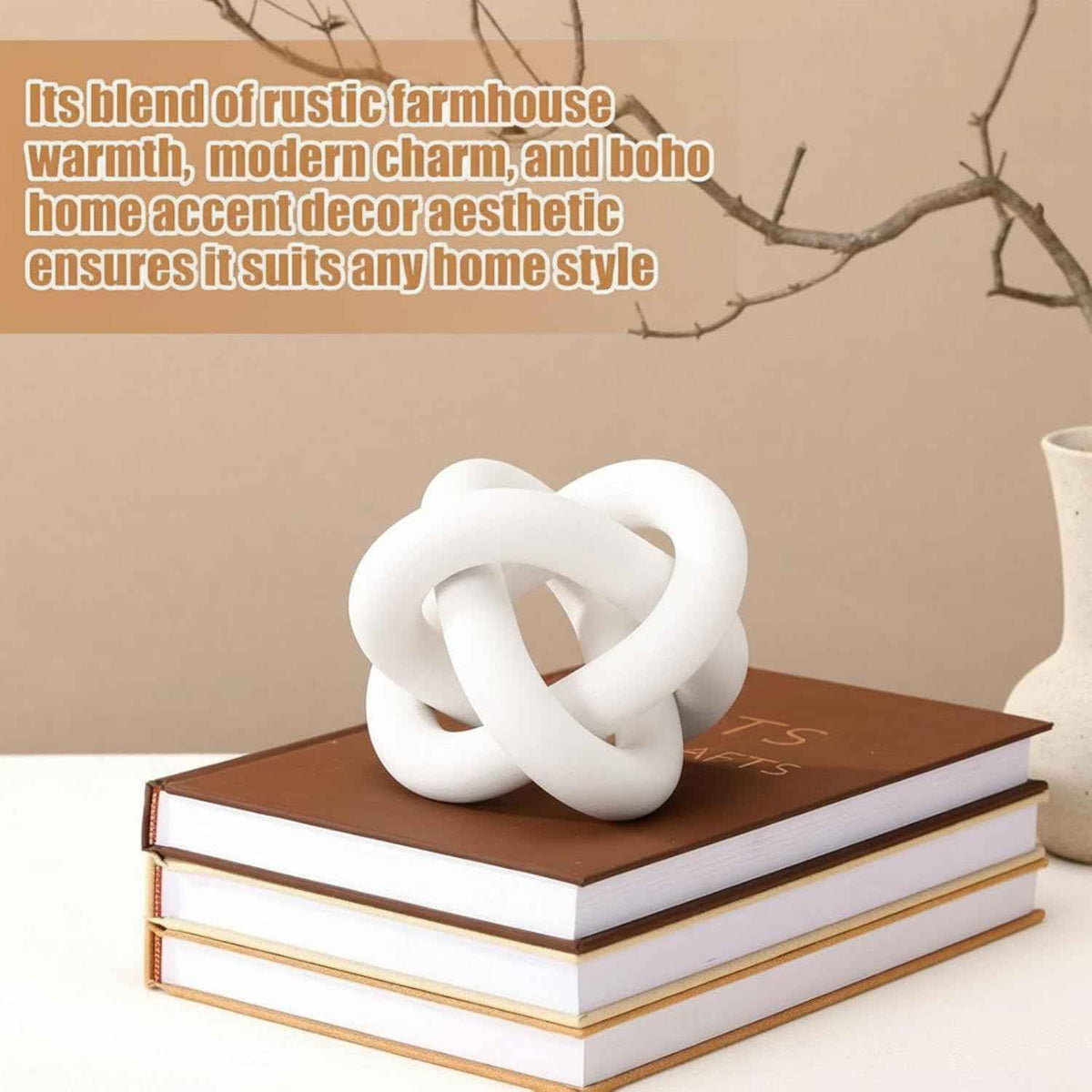 3 Link Wood Knot Decor - Hand Carved Coffee Table Decoration, Boho Chain Link Decor, Modern Shelf, Rustic Objects for Home Living Room Bedroom(White)
