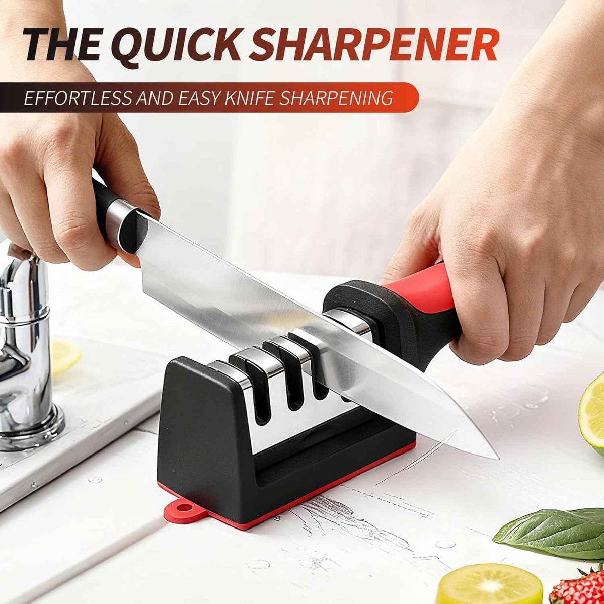 4-in-1 Kitchen Knife Sharpener, Professional Grade with Tungsten Steel and Ceramic Slots, Scissor Sharpening, Black/Red