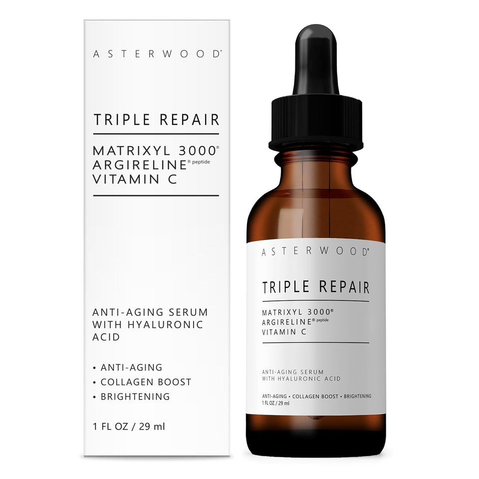 Asterwood Triple Repair Serum with Matrixyl 3000, Argireline, Hyaluronic Acid, and Vitamin C for anti-aging and collagen boosting - fragrance-free - 1 fl oz