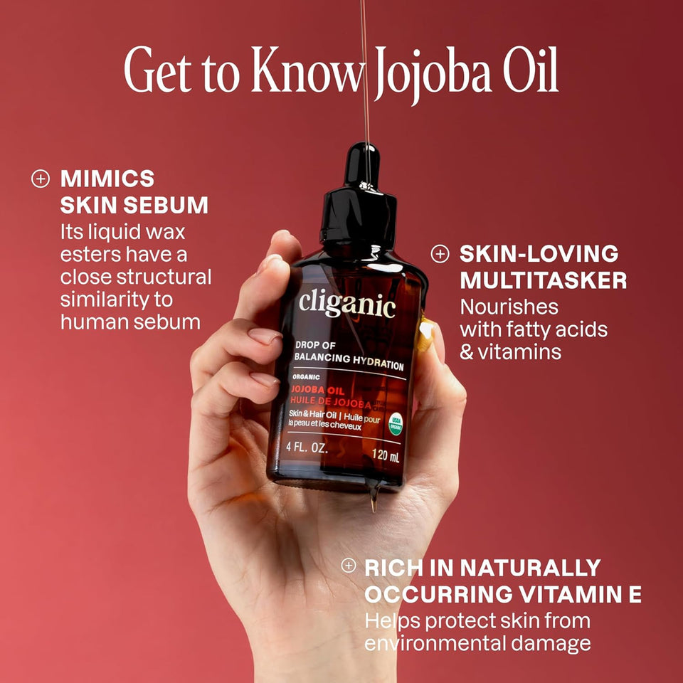 Cliganic Organic Jojoba Oil, 100% Pure (4oz) | Moisturizing for Face, Hair, Skin & Nails | Natural Cold Pressed Hexane Free | Base Carrier Oil