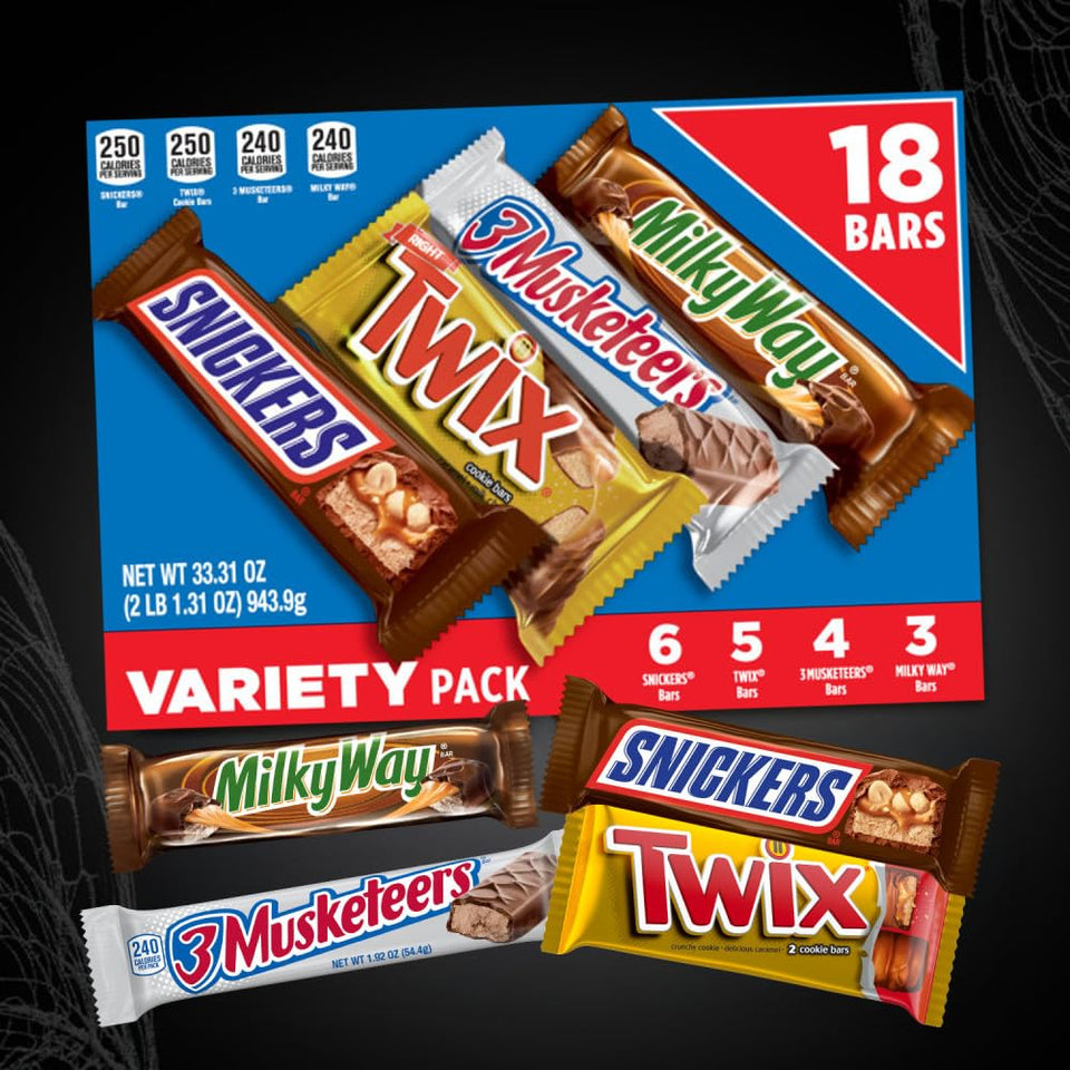 snickers, twix, milky way & 3 musketeers individually wrapped full-size milk chocolate candy bars bulk assortment 33.31 oz 18 bars