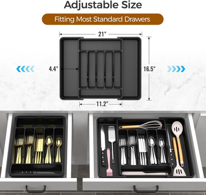Extra Large Expandable Silverware Organizer, BPA-Free Food-Safe Cutlery Flatware Organizer, Kitchen Utensil Drawer Organizer, Adjustable Silverware Holder for Spoons Forks Knives, Black