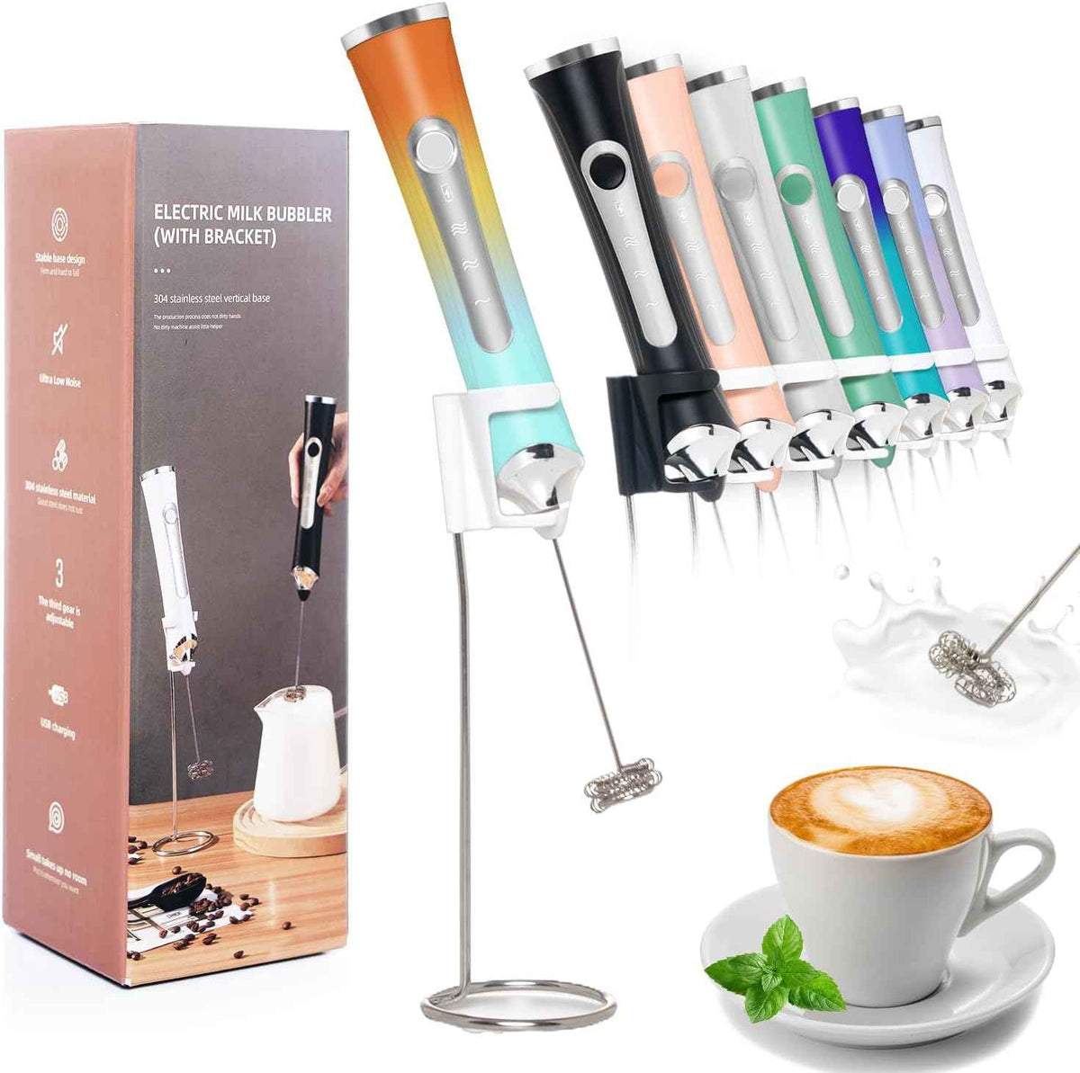 Rechargeable Milk Frother Handheld For Coffee,3 Speeds Frother Wand With Stand, Batidora De Mano Electrica,Coffee Frother With 2 Heads,Drink Mixer Electric Handheld,Kitchen Essentials(Black)