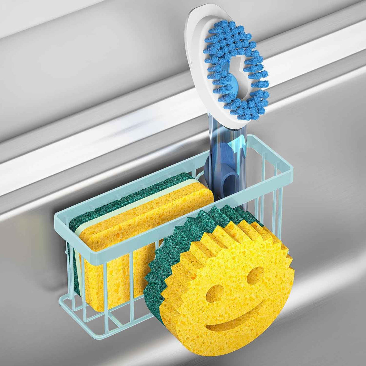 Sponge Holder Smiley Face,Sink Caddy,Sink Organizer with 2 Suction Cups/1 Adhesive Strips,Designed for Sponge,Soap,Dish Brush,Scrubber - Black
