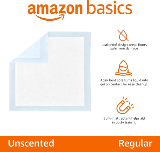 Amazon Basics Dog and Puppy Pee Pads, 5-Layer Leak-Proof Super Absorbent, Quick-Dry Surface, Potty Training, Regular (22x22"), 100 Count, Blue & White