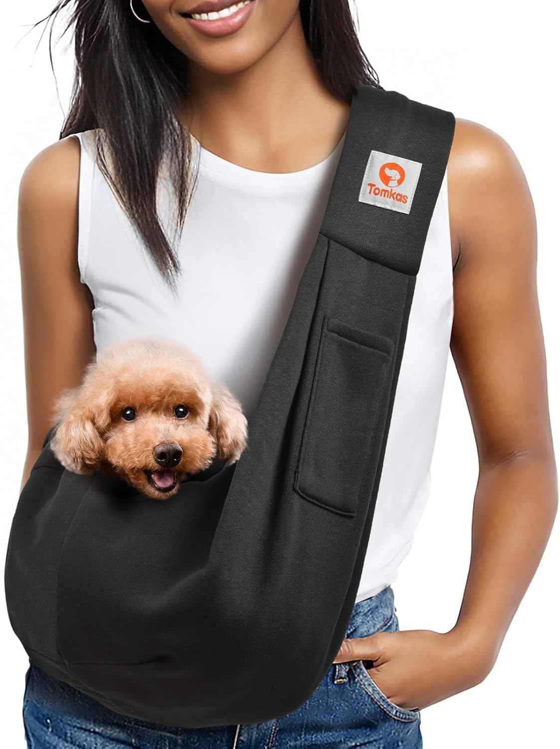 Tomkas Small Dog Sling Carrier - Classic Pocket & Classic Strap - for 3-10 lbs Pets(Black)