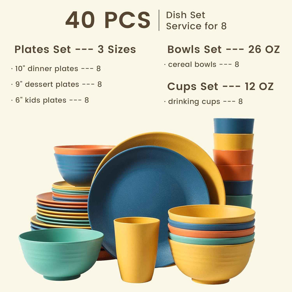 Homienly 40-Piece Premium Wheat Straw Dinnerware Sets, Service for 8, Unbreakable Plates and Bowls Set - Cups Sets, Dinner Plates, Bowls for Kitchen,Dishwasher and Microwave Safe Dishes Set - Multi