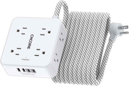 Surge Protector Power Strip - CHCORE 5Ft Braided Extension Cord with 8 Outlets with 4 USB (2 USB C) Charging Ports, Flat Plug Multi Plug Outlet Extender Charging Station for Home Office, ETL, White