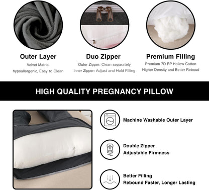 ALLOPERA Pregnancy Pillow, Full Body 57 Inch Maternity Pillow with Removable Washable Cover - Sleep Support for Legs, Back, Neck, Shoulder, HIPS, Belly for Pregnent Women, Black Grey Velvet Cover