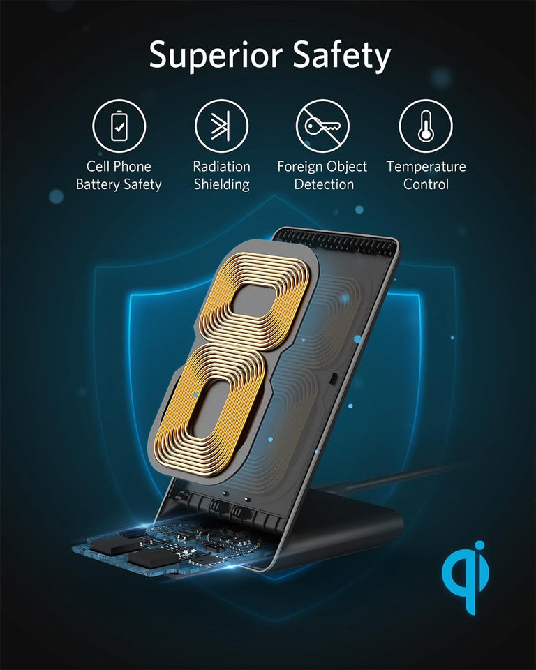 Anker 313 Wireless Charger (Stand), Qi-Certified for iPhone 17/17/17 Pro/17 Pro Max/15/14/13, 10W Fast-Charging Galaxy S23 S22 S21(No AC Adapter) - Rayz Mart
