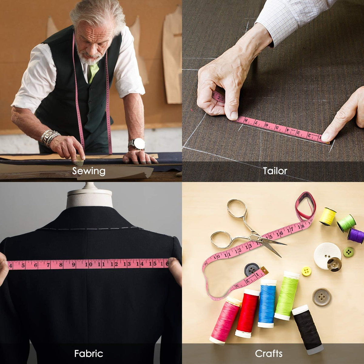 iBayam 2 Pack Tape Measure Measuring Tape for Body Fabric Sewing Tailor Cloth Knitting Vinyl Home Craft Measurements, 60-Inch Soft Fashion Pink & Retractable Black Double Scales Rulers for Body Weight