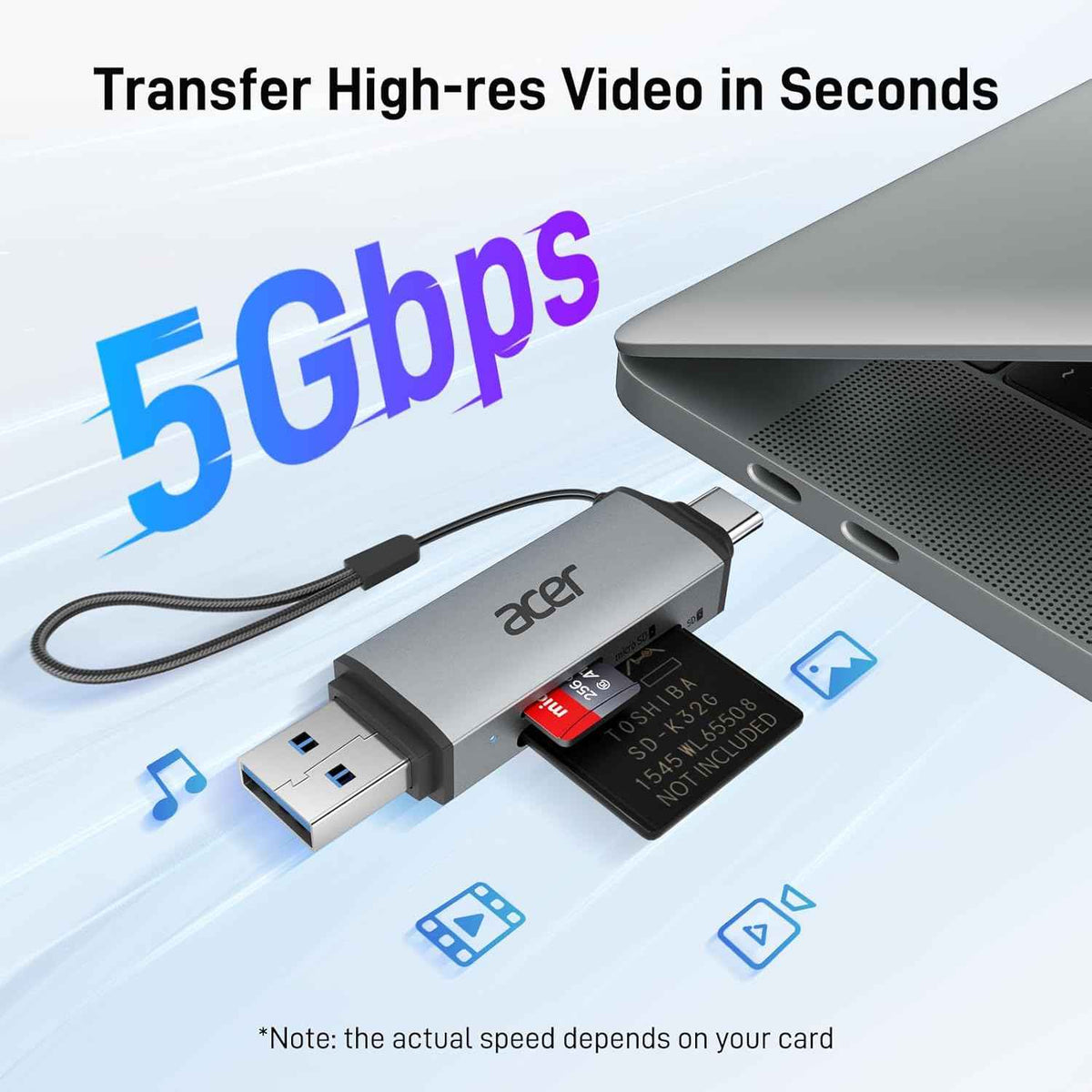 acer SD Card Reader USB C, Dual Slots USB 3.0 Type C to Micro SD Card Adapter, Memory Card Reader for MicroSD, SDHC, SDXC, Compatible with Laptop, PC, iPhone16/15, MacBook Pro/Air, iPad Pro, Android