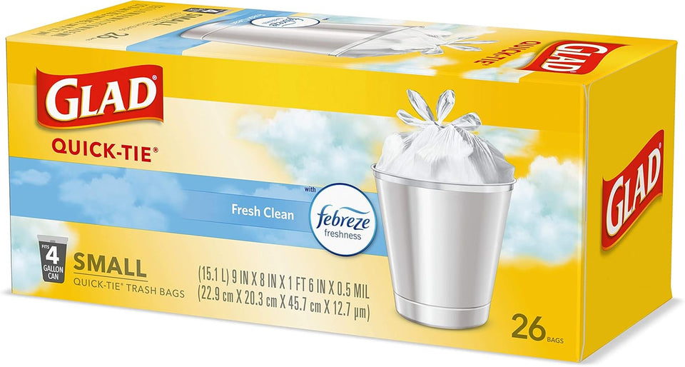 Glad Small Trash Bags 4 Gallon, Febreze Fresh Clean Garbage Bags, Odor Resistant with Quick Tie, 26 Count - Rayz Mart