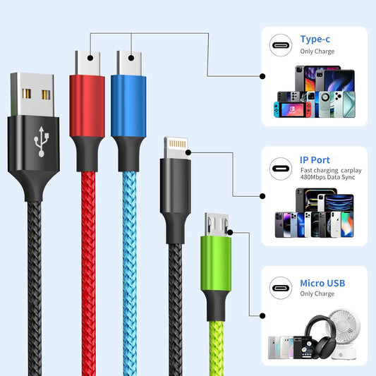 4 in 1 Multi Charging Cable [2Pack 5FT], Nylon Braided 4 in 1 Charger Cord, Universal Charger with IP/Type C/Type C/Micro Port, Compatible with Most Cell Phones/Tablets and More