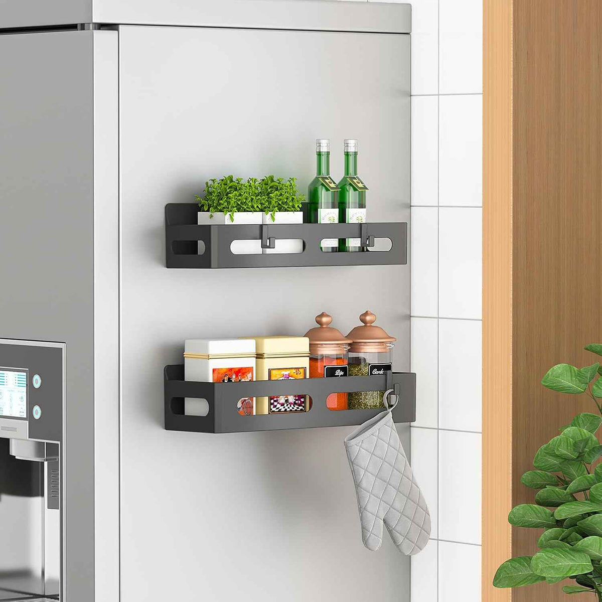 4 Pack Magnetic Spice Rack for Refrigerator, Spice Rack Organizer, Moveable Magnetic Shelf Fridge Organizer with 4 Hooks for Kitchen and Oven Organization, Black