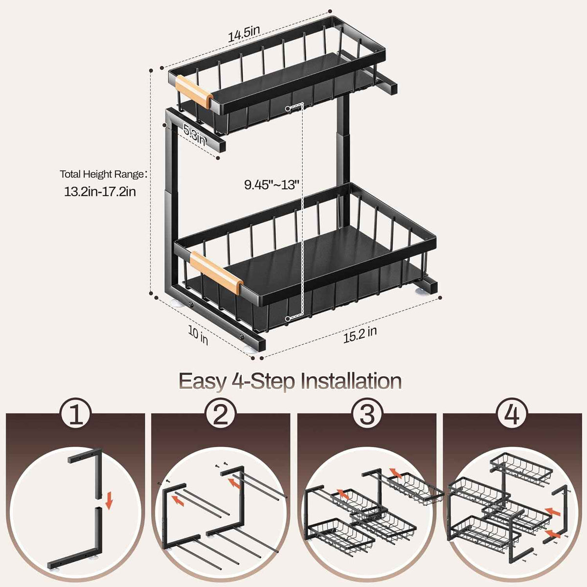 ADBIU Under Sink Organizer, 2 Pack 2 Tier Expandable Height (13.2" - 17.2") Pulling Out Kitchen Bathroom Cabinet Organizers