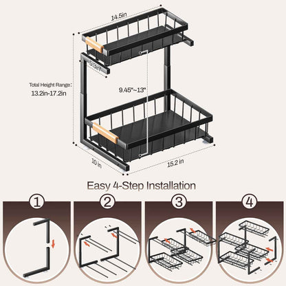 ADBIU Under Sink Organizer, 2 Pack 2 Tier Expandable Height (13.2" - 17.2") Pulling Out Kitchen Bathroom Cabinet Organizers