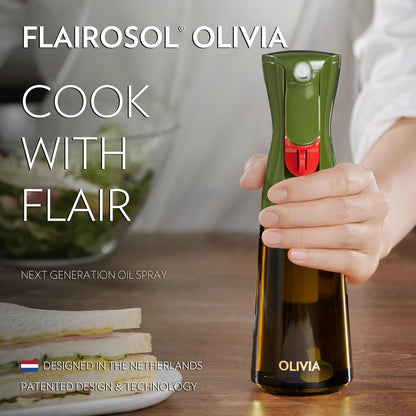FLAIROSOL OLIVIA Oil Sprayer for Cooking, 200ml Glass Olive Oil Sprayer, Continuous Cooking Spray with Portion Control, Oil Dispenser for Kitchen, Air Fryer, Salad, BBQ (Green Bottle, Gold Print)