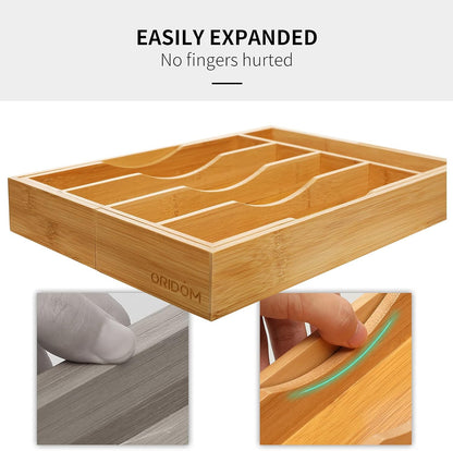 Expandable Bamboo Kitchen Drawer Organizer for Cutlery and Utensils, Adjustable Bamboo Wood Cutlery Tray in Drawer for Flatware and Silverware in Kitchen, (Natural)