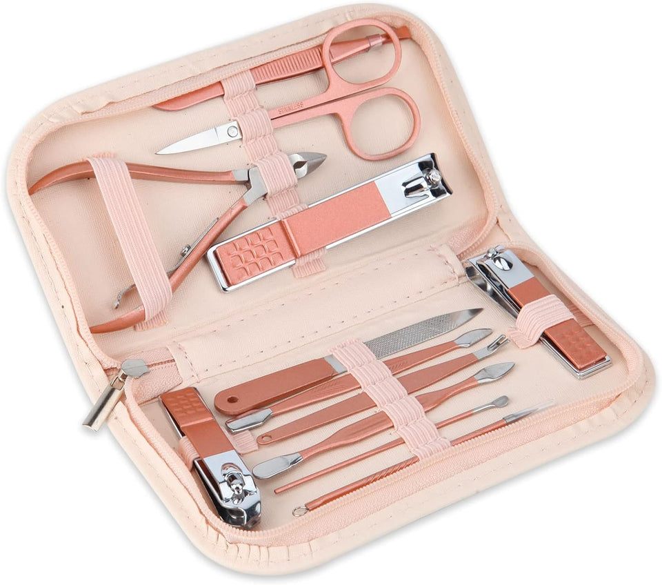 Nail clippers and beauty tool portable set with 12 in 1 manicure kit and pink leather bag