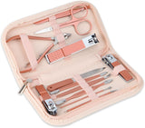 Nail clippers and beauty tool portable set with 12 in 1 manicure kit and pink leather bag