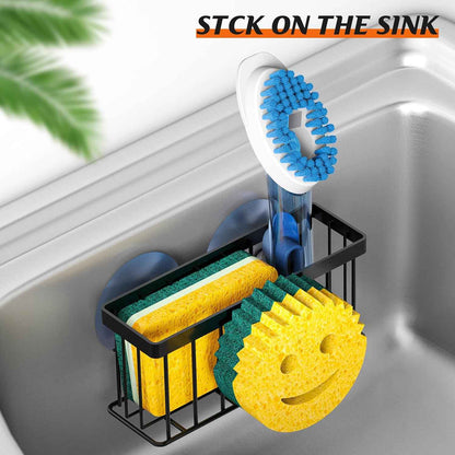 Sponge Holder Smiley Face,Sink Caddy,Sink Organizer with 2 Suction Cups/1 Adhesive Strips,Designed for Sponge,Soap,Dish Brush,Scrubber - Black