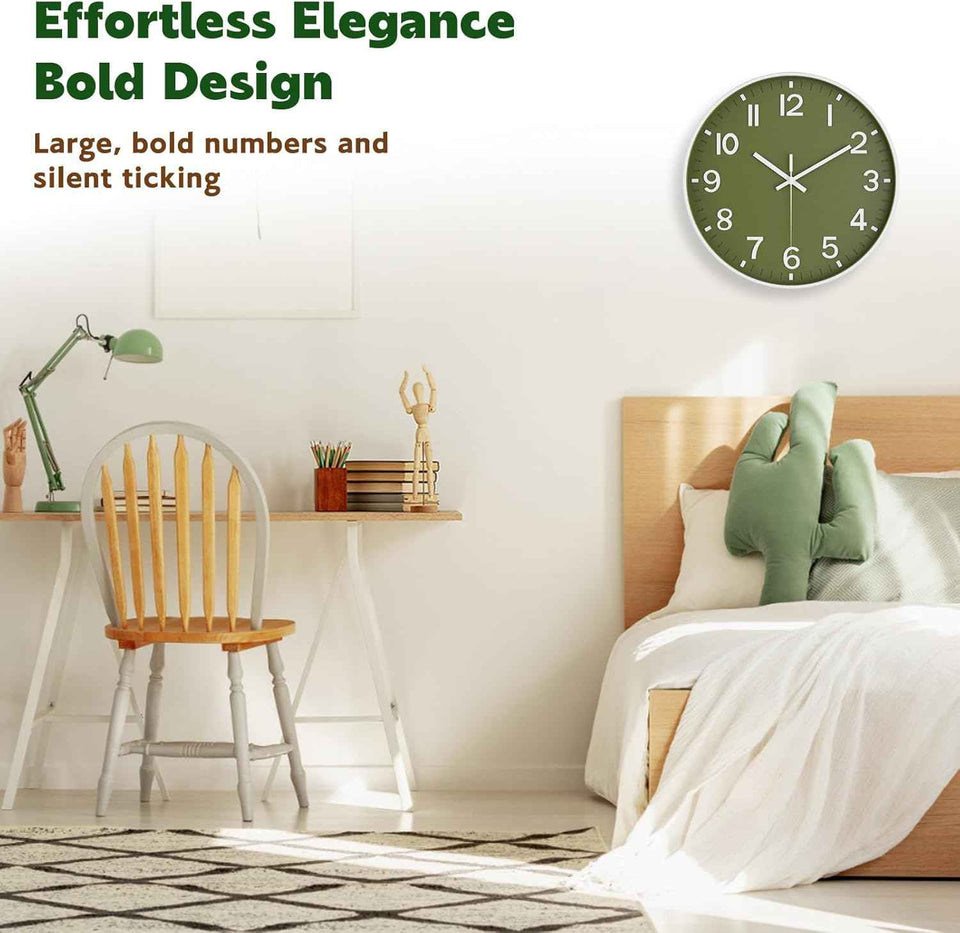 Silent Wall Clock Non-Ticking Battery Operated – Modern Olive Green Analog Wall Clock for Living Room, Kitchen, Office, Bedroom – Stylish Home Wall Decor Clock, 8 Inch