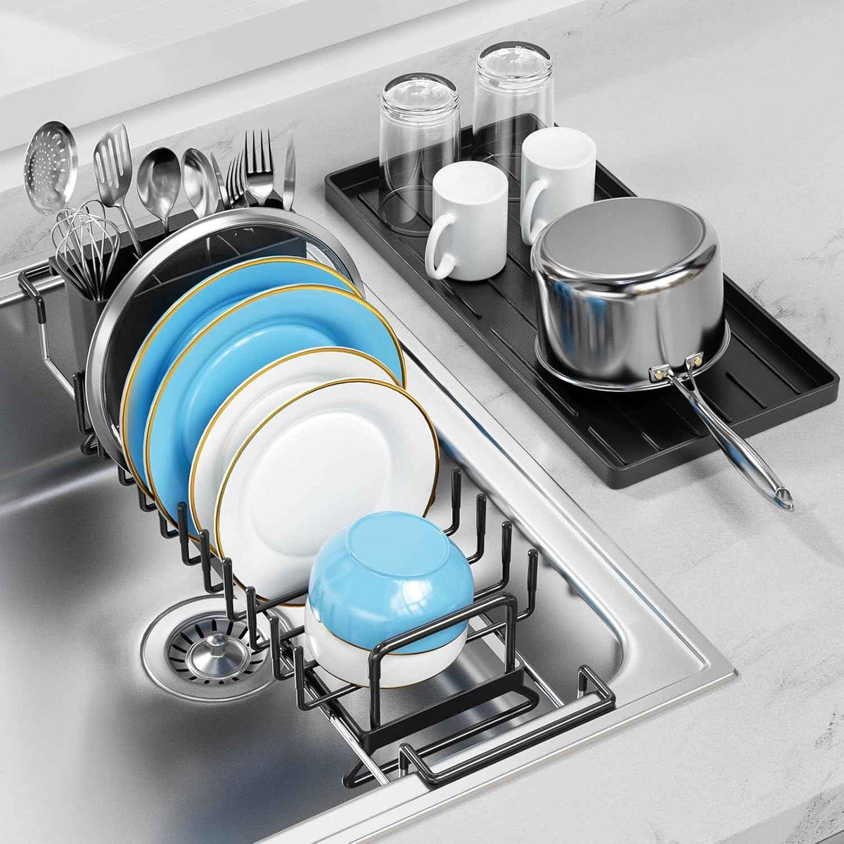 3 Tier Extra Large Over The Sink Dish Drying Rack, Expandable Stainless Steel Dish Drainer with Multifunctional Organizer, Space-Saving Above Sink Dish Rack with Large Capacity for Kitchen Counter