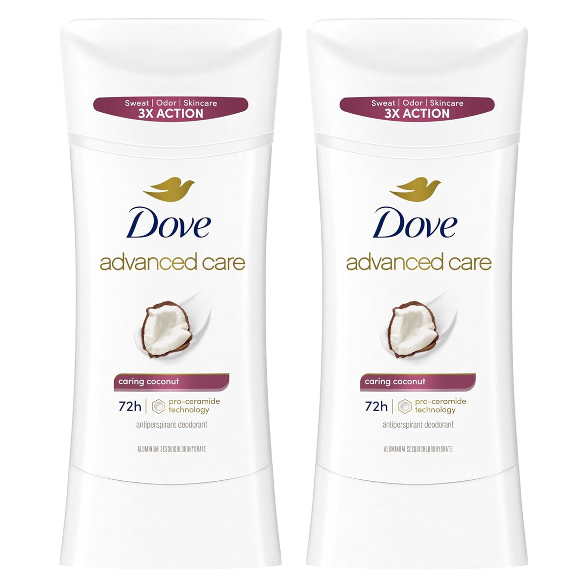 Dove Advanced Care Antiperspirant Caring Coconut, 2 Count Deodorant Stick for Women, for 48 Hour Protection And Soft And Comfortable Underarms, 2.6 oz
