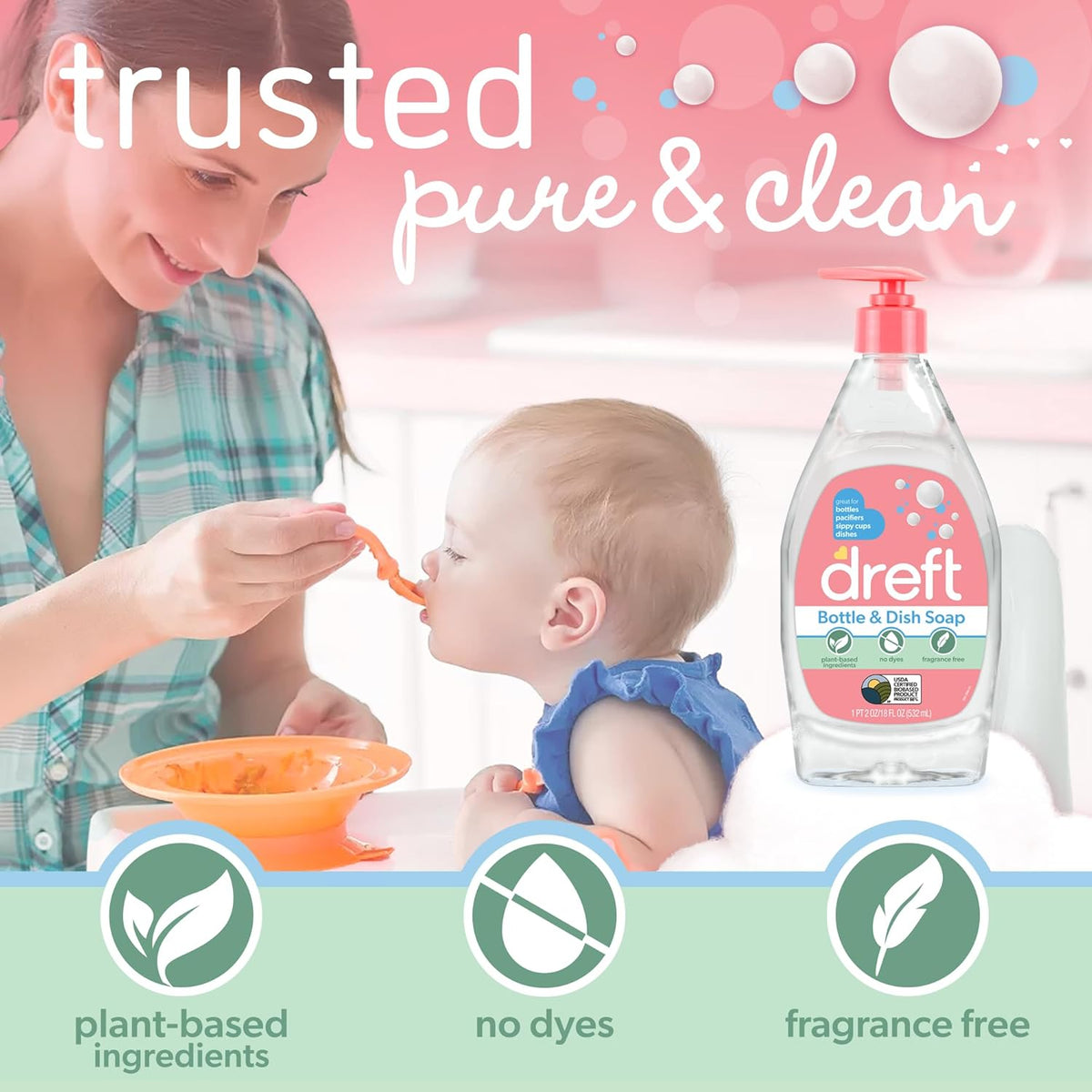 DREFT Bottle and Dish Soap | Made to Clean Baby Bottles, Sippy Cups, Pacifiers, Breast Pumps, & More | Gently Removes Milk Film & Odors | Plant Based, Fragrance Free Dish Soap | 18 Fl Oz (Pack of 3)