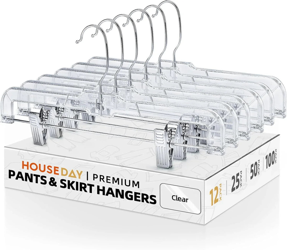 HOUSE DAY 12-Pack 14" Clear Plastic Skirt Hangers with Clips & Swivel Hook - Cart Shape