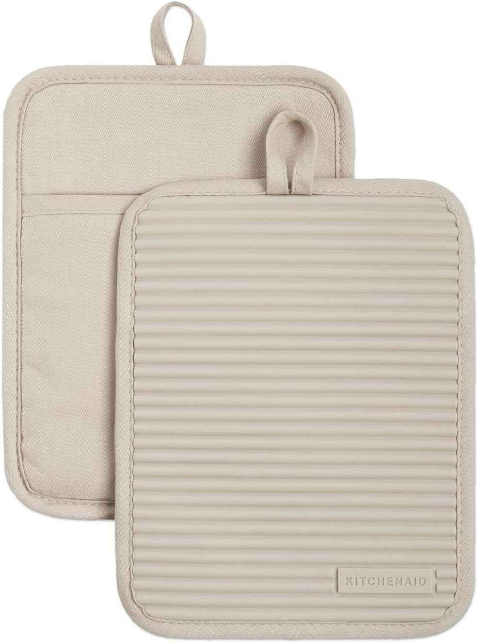 KITCHENAID Ribbed Soft Silicone Pot Holder 2-Pack Set, Matte Black, 7"x9"
