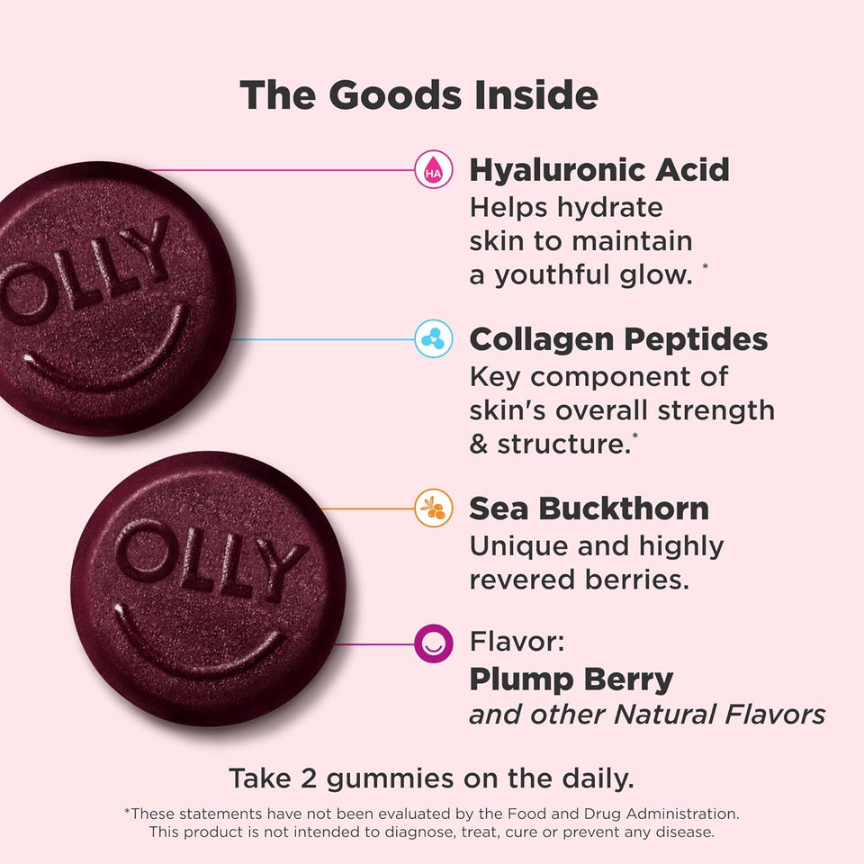 OLLY Glowing Skin Gummy, Hydrated & Youthful Skin,* Hyaluronic Acid, Collagen Peptides, Sea Buckthorn, Plump Berry Flavor, 25 Day Supply - 50 Count
