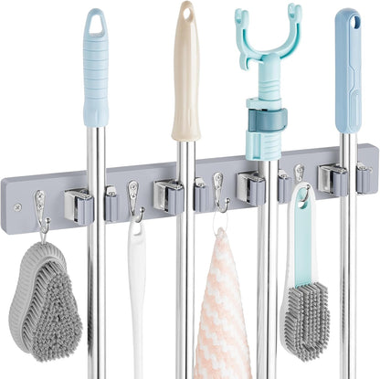 Mop and Broom Holder Wall Mount - Rustic Wood Broom Mop Hanger - Wall Mounted Garden Tool Rack Organizer for Closet Garage Laundry Room Kitchen Decor With 4 Slots & 4 Hooks - Rayz Mart
